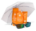Sunscreen products with sunglasses under sun umbrella. 3D render