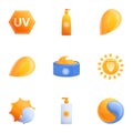 Sunscreen protection icon set, cartoon style Royalty Free Stock Photo