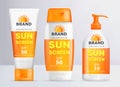 Sunscreen set of realistic moisturizing lotion container templates. Sun protection cream tube and bottle. Vector Royalty Free Stock Photo