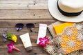 Sunscreen spf50, body lotion health care for skin with sunglasses, hat, notebook planner of lifestyle woman Royalty Free Stock Photo