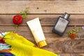 Sunscreen spf50 cosmetics health care for skin face with purfume ,yellow scarf and flowers of lifestyle