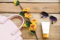 Sunscreen for heatlh care skin face with accessories of lifestyle woman