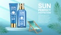 Sunscreen spray and cream set with watery slpashing liquid on light blue background in 3d illustration. Green tropical