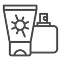 Sunscreen and spray line icon, Aquapark concept, Sun cream containers sign on white background, Sun protection cream and