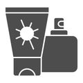 Sunscreen and spray solid icon, Aquapark concept, Sun cream containers sign on white background, Sun protection cream