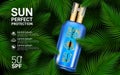 Sunscreen Spray Sun Protection Cosmetics Product Ads. Sunblock 3D Realistic Packaging Mockup Design Template on Tropical