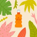 Sunscreen spray in tropical leaves. Sun protection