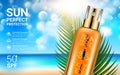 Sunscreen Sprays Summer Sunblock Cosmetic Design Template on Beach Background Exotic Palm Leaves. Concept Advertising