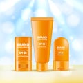 Sunscreen and sunblock cream and stick. Vector realistic 3d illustration of sun protection cosmetics