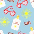 Sunscreen and sunglasses. Seamless pattern. Watercolor illustration. Isolated on a blue background.