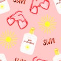 Sunscreen and sunglasses. Seamless pattern. Watercolor illustration. Isolated on a pink background.