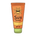 Sunscreen tube orange, yellow and green vector icon. Flat design cartoon style colorful tube of sunscreen. Sun