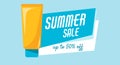 Sunscreen tube sale up to 50 off. Every day care concept. Hot price, Design for poster