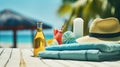 sunscreen vacation stuff on table Royalty Free Stock Photo