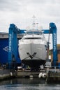 Sunseeker Luxury Yacht under construction in dock Royalty Free Stock Photo