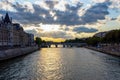 Sunset over Conciergerie at night, Paris, France. Royalty Free Stock Photo