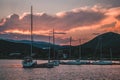 Dock with white boats and yachts on sunset Royalty Free Stock Photo