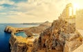 Sunset above Acropolis of Lindos. Doric columns the ancient Temple Athena Lindia the IV century BC and the bay St. Paul Royalty Free Stock Photo