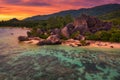 Sunset above Anse Source D'argent beach at the La Digue Island, Seychelles