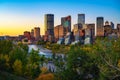 Sunset above city skyline of Calgary with Bow River, Canada Royalty Free Stock Photo