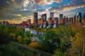 Sunset above city skyline of Calgary with Bow River, Canada Royalty Free Stock Photo