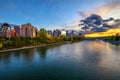 Sunset above city skyline of Calgary with Bow River, Canada Royalty Free Stock Photo