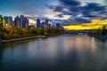 Sunset above city skyline of Calgary with Bow River, Canada Royalty Free Stock Photo