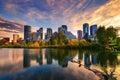 Sunset above city skyline of Calgary with Bow River, Canada Royalty Free Stock Photo