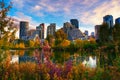 Sunset above city skyline of Calgary with Bow River, Canada Royalty Free Stock Photo