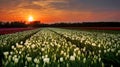 Sunset above the Dutch tulps fields, Royalty Free Stock Photo