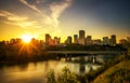 Sunset above Edmonton downtown and the Saskatchewan River, Canada