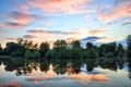 Sunset above Fulda river in Aueweiher Park in Fulda, Hessen, Germany Royalty Free Stock Photo