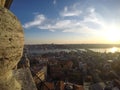 Sunset from the Galata tower top, city buildings under, bridges crossing over Bosphorus strait