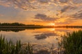Sunset above the pond or lake with cloudy sky at summer and water reflection Royalty Free Stock Photo