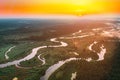 Sunset above river. Aerial View Green forest And River Landscape In Misty Foggy Morning. Top View Of Beautiful Royalty Free Stock Photo
