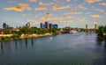 Sunset above Sacramento skyline, Sacramento River and Tower Bridge in California