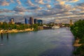 Sunset above Sacramento skyline, Sacramento River and Tower Bridge in California