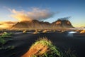 Sunset above Vestrahorn and its black sand beach in Iceland Royalty Free Stock Photo