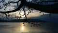 Sunset above water reservoire Nove Mlyny and Palava Hills