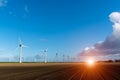 Sunset above windmills on the field Royalty Free Stock Photo