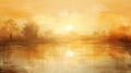 Sunset abstract landscape oil painting on canvas with yellow tones and water reflections Royalty Free Stock Photo