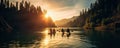 sunset activity on kayaks. Rear view of friends kayaking on lake with sunset in the backgrounds. panorama photo