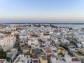 Sunset aerial cityscape in Olhao, Algarve fishing village view of ancient neighbourhood of Barreta