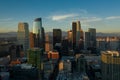 Sunset, aerial shot of Los Angeles downtown center on a sunny evening