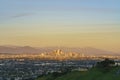 Sunset aerial view of the beautiful Los Angeles downtown cityscape with mt. Baldy Royalty Free Stock Photo