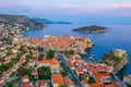 Sunset aerial view of Croatian town Dubrovnik, Lovrijenac fortress and Lokrum island