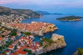 Sunset aerial view of Croatian town Dubrovnik, Lovrijenac fortress and Lokrum island