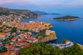 Sunset aerial view of Croatian town Dubrovnik, Lovrijenac fortress and Lokrum island