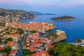 Sunset aerial view of Croatian town Dubrovnik, Lovrijenac fortress and Lokrum island