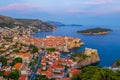 Sunset aerial view of Croatian town Dubrovnik, Lovrijenac fortress and Lokrum island